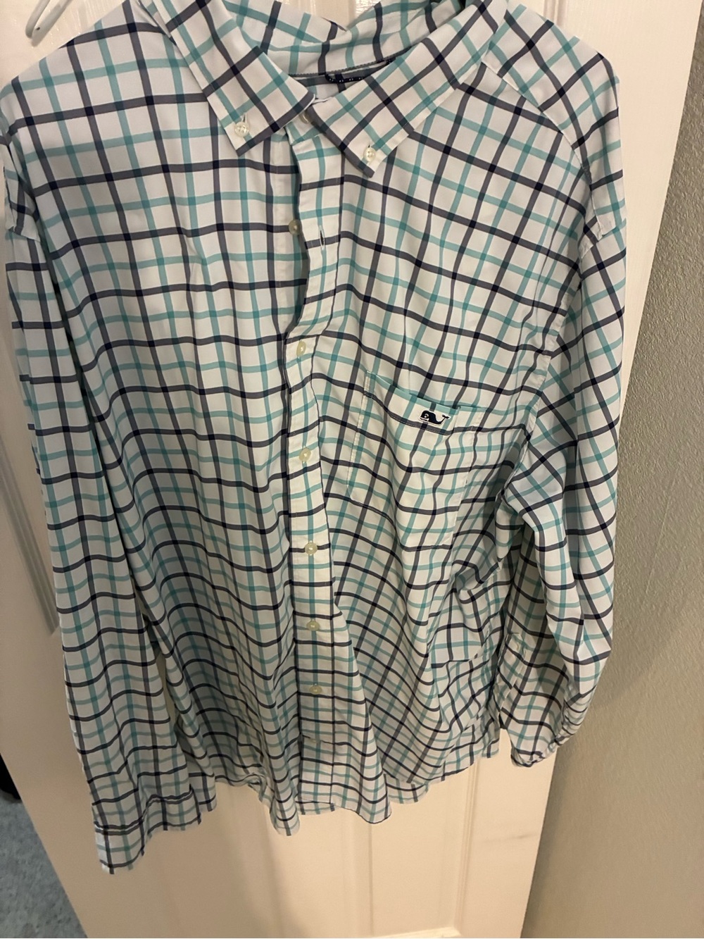 Vineyard Vines White Button-Down Shirt with Teal and Navy Plaid